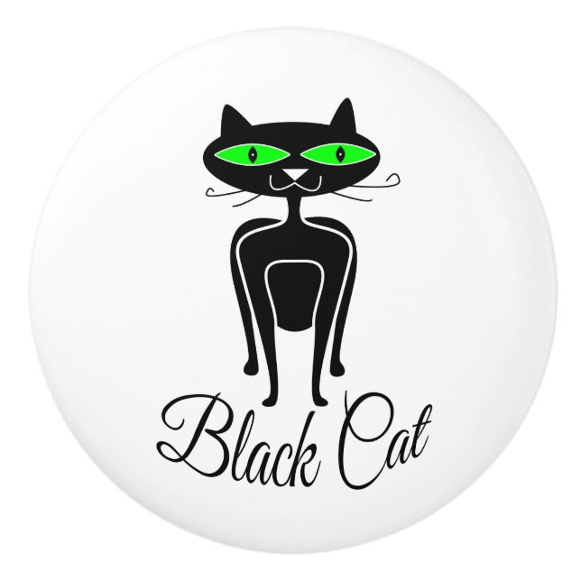 Black cat with green eyes ceramic knob (Front)