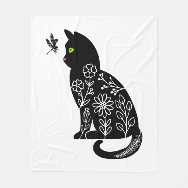 Black cat with green eyes fleece blanket (Front)