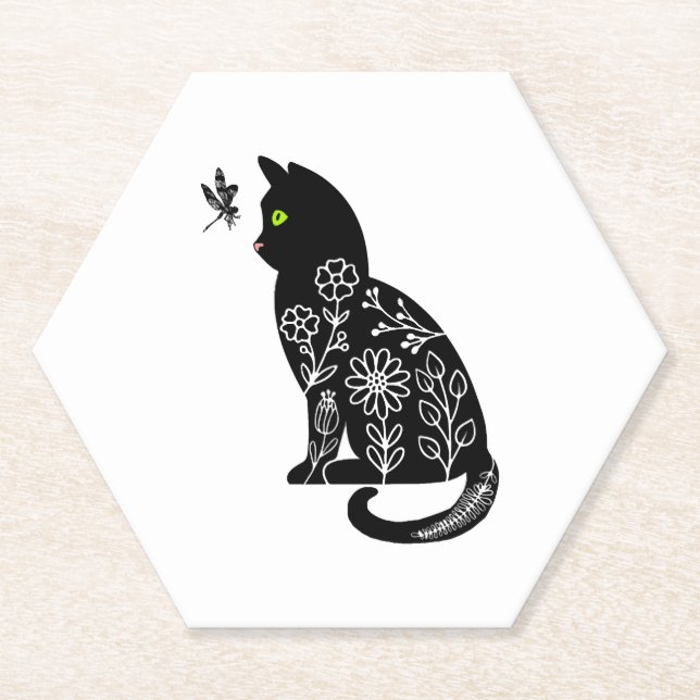 Black cat with green eyes paper coaster (Front)
