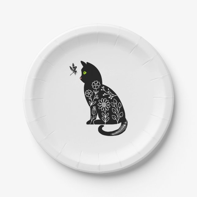 Black cat with green eyes paper plate (Front)