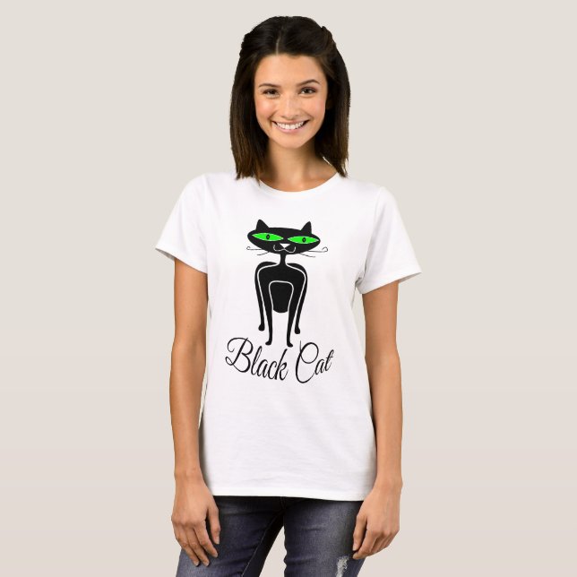 Black cat with green eyes T-Shirt (Front Full)