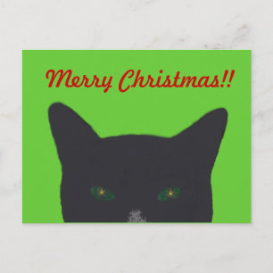 Black cat with green, red  "Merry Christmas" Holiday Postcard