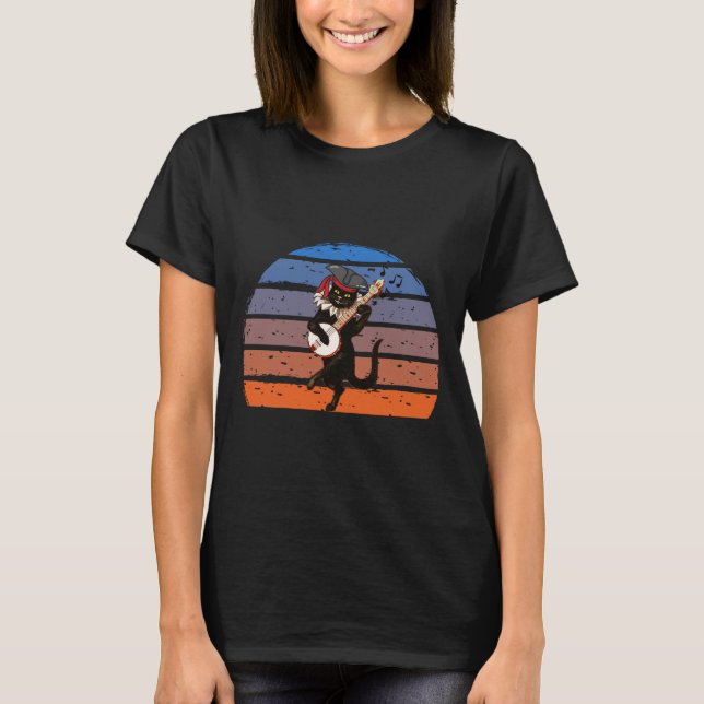 Black Cat With Guitar, Funny Cat Lover T-Shirt (Front)