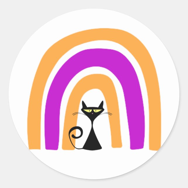 Black Cat With Halloween Coloured Rainbow Classic Round Sticker (Front)