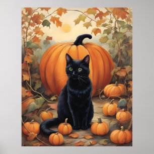 Black Cat with Halloween Pumpkin Poster