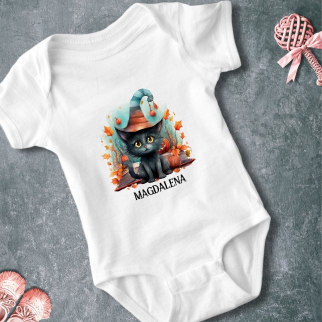 Black Cat With Hat Custom Name Halloween Baby Bodysuit (Creator Uploaded)