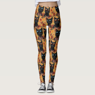 Black Cat With Heart Roses Valentine's Day Leggings