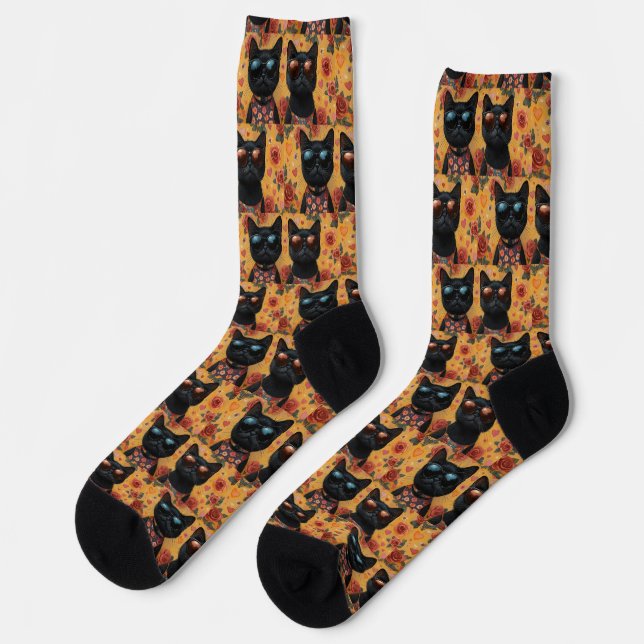 Black Cat With Heart Roses Valentine's Day  Socks (Left)