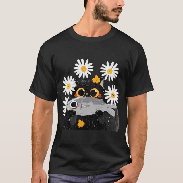 Black cat with his favourite fish T-Shirt (Front)