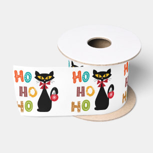 Black cat with Ho Ho Ho text design Satin Ribbon