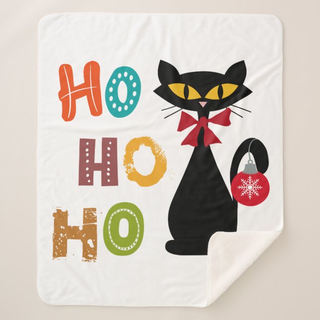 Black cat with Ho Ho Ho text design Sherpa Blanket (Front)