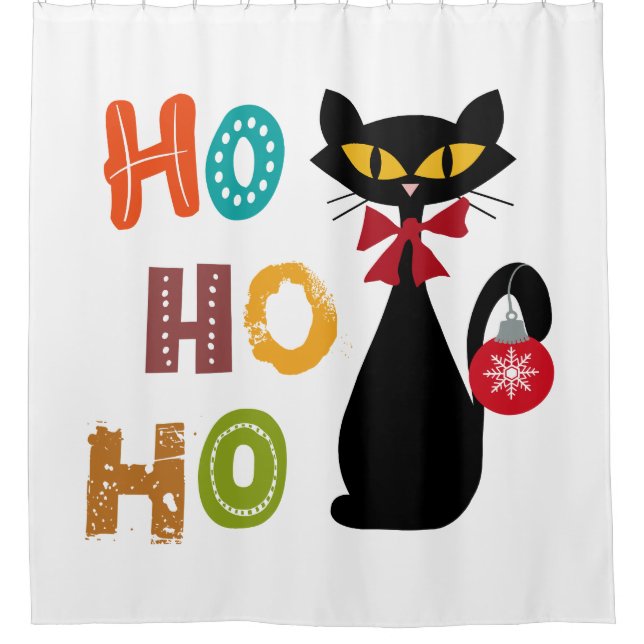 Black cat with Ho Ho Ho text design Shower Curtain (Front)