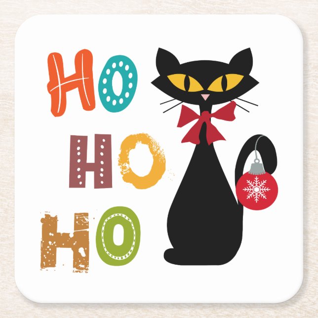 Black cat with Ho Ho Ho text design Square Paper Coaster (Front)