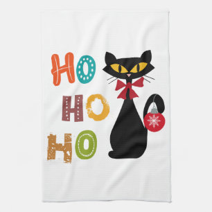Black cat with Ho Ho Ho text design Tea Towel