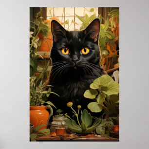 Black Cat With Housesplants Poster