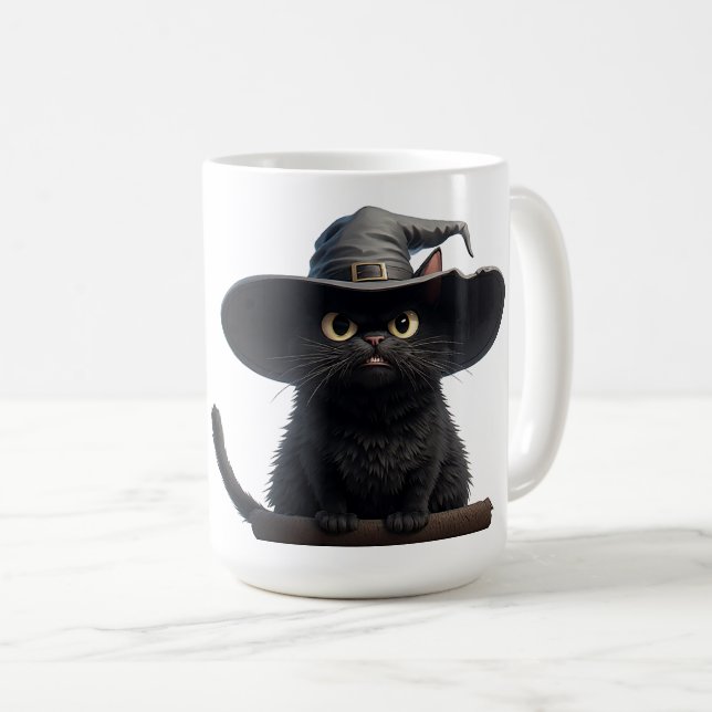 Black Cat With Intense Eyes And Witch Hat Magic 🐈 Coffee Mug (Front Right)