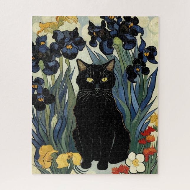 Black Cat With Irises Jigsaw Puzzle (Vertical)