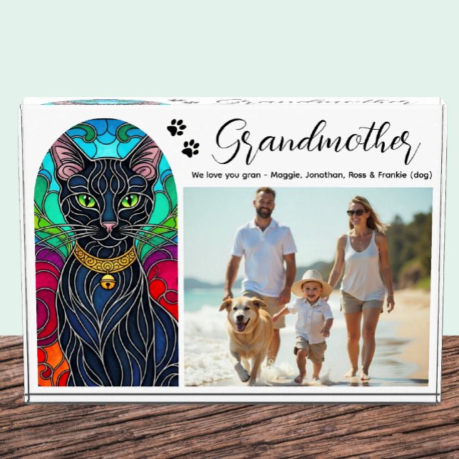 Black Cat with Jingle Bell Art Mosaic, Grandmother Photo Block (Vintage Black Cat Family Photo Block / Grandmother)