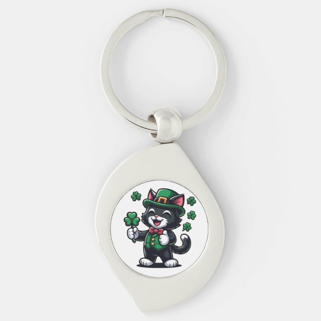 Black Cat with Lucky Clover Key Ring (Front)