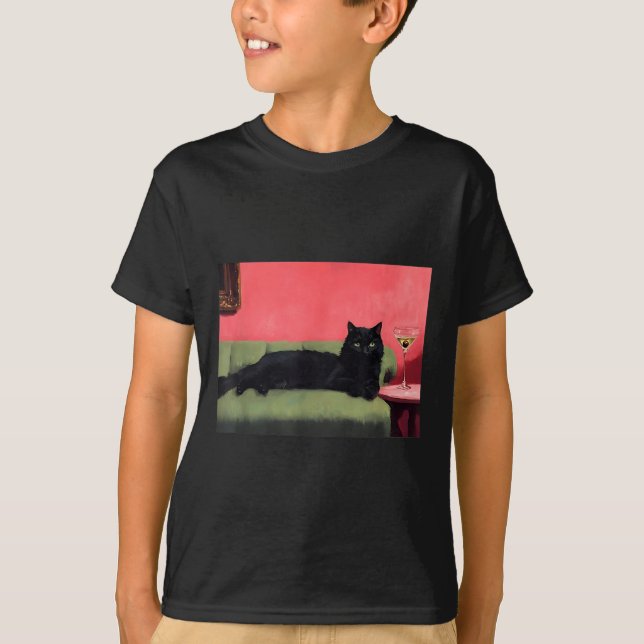 Black Cat With Martini Art Print  T-Shirt (Front)