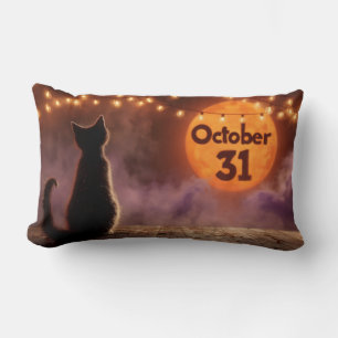 Black Cat with "October 31" Halloween Moon Lumbar Cushion