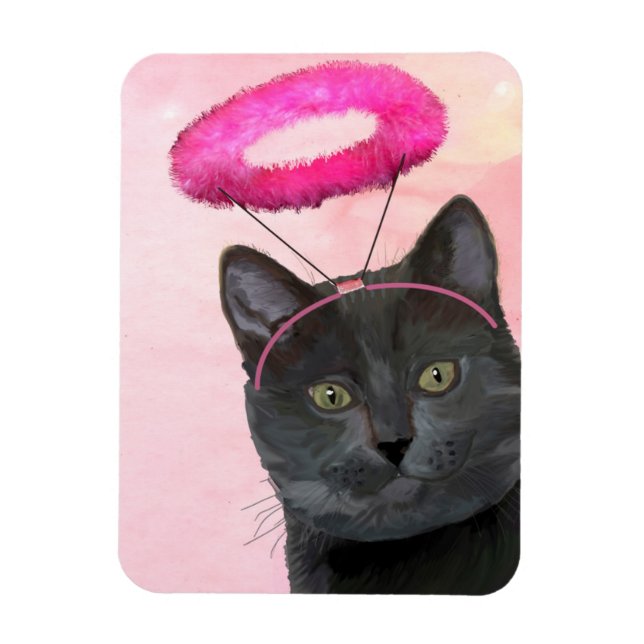 Black Cat With Pink Angel Halo Magnet (Vertical)