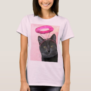 Black Cat With Pink Angel Halo T-Shirt