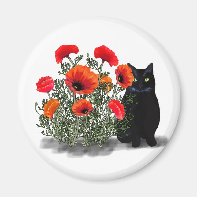 Black Cat with Poppies Magnet (Front)