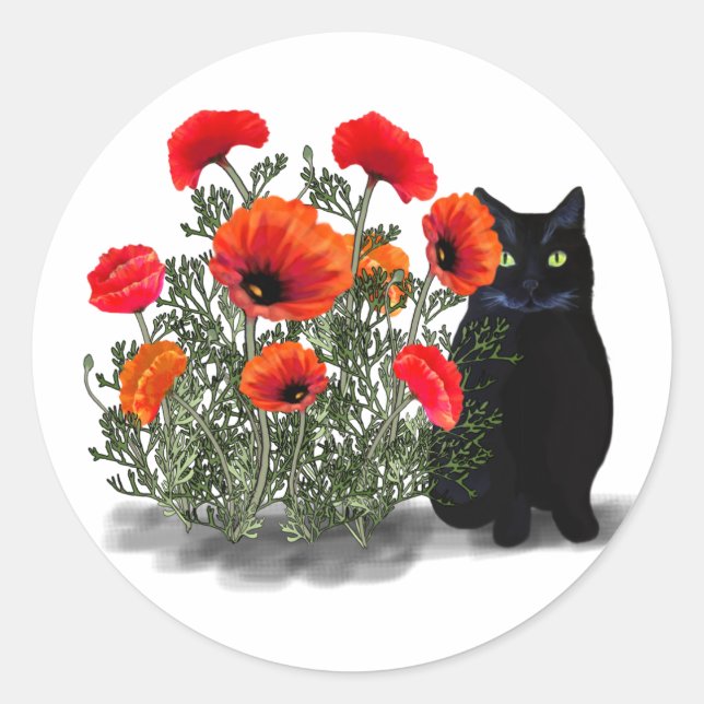 Black Cat with Poppies Stickers (Front)
