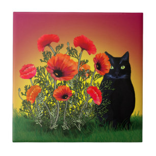 Black Cat with Poppies Tile