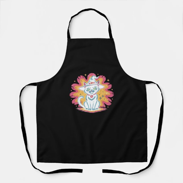 Black Cat with Psychedelic Flower Oversized T-Shir Apron (Front)