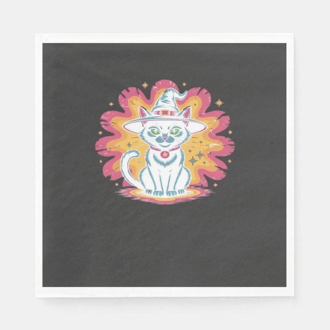 Black Cat with Psychedelic Flower Oversized T-Shir Napkin (Front)