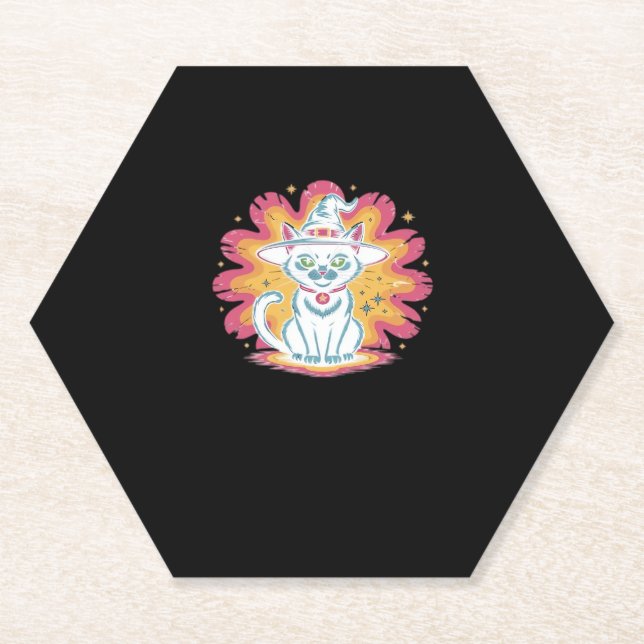 Black Cat with Psychedelic Flower Oversized T-Shir Paper Coaster (Front)