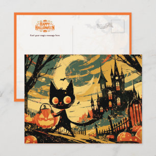 Black Cat with Pumpkin Bucket by the Castle Postcard