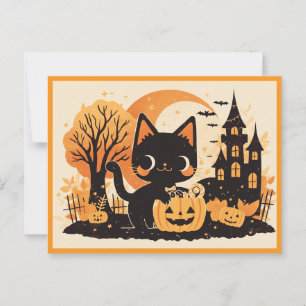Black Cat with Pumpkin Candy Bucket Postcard