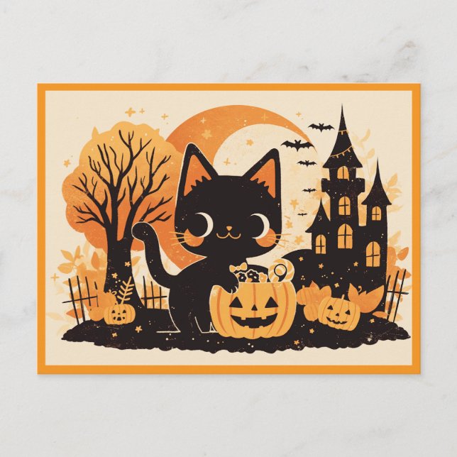 Black Cat with Pumpkin Candy Bucket Postcard (Front)
