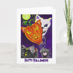 Black Cat with Pumpkin Cat and Skull Balloons Card