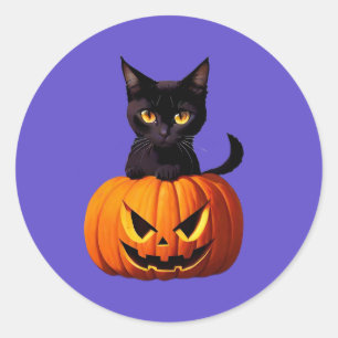 Black Cat with Pumpkin Cute Kawaii Animals Pets Classic Round Sticker