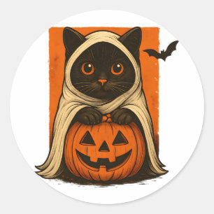 Black Cat With Pumpkin Ghost Costume Cute Classic Round Sticker