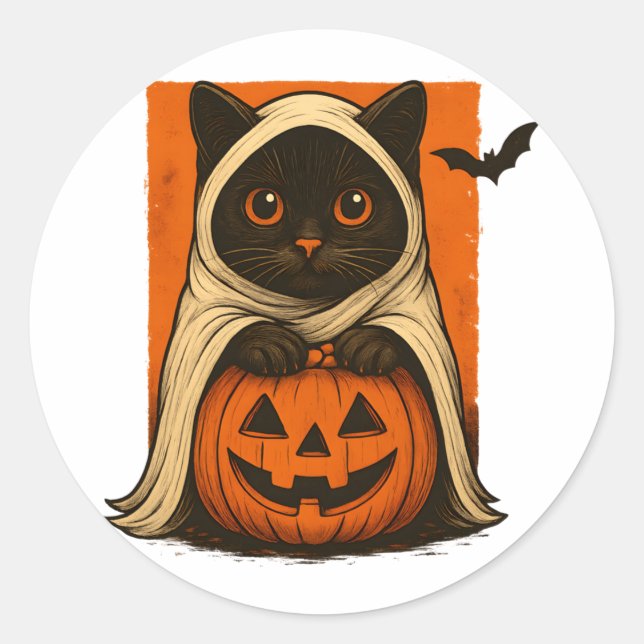 Black Cat With Pumpkin Ghost Costume Cute Classic Round Sticker (Front)