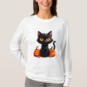 Black Cat With Pumpkin HAlloween Scene T-Shirt