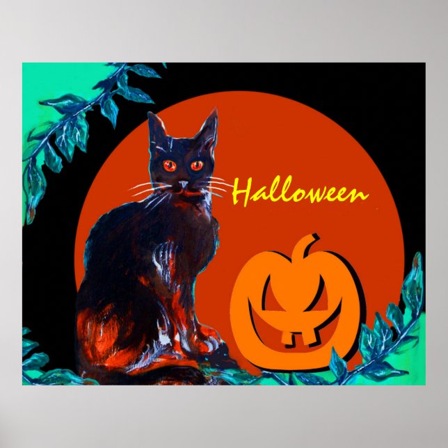 BLACK CAT WITH PUMPKIN IN HALLOWEEN NIGHT POSTER (Front)