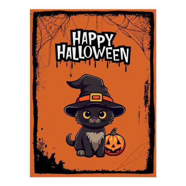 Black Cat With Pumpkin Jack O Lantern Halloween Poster (Front)