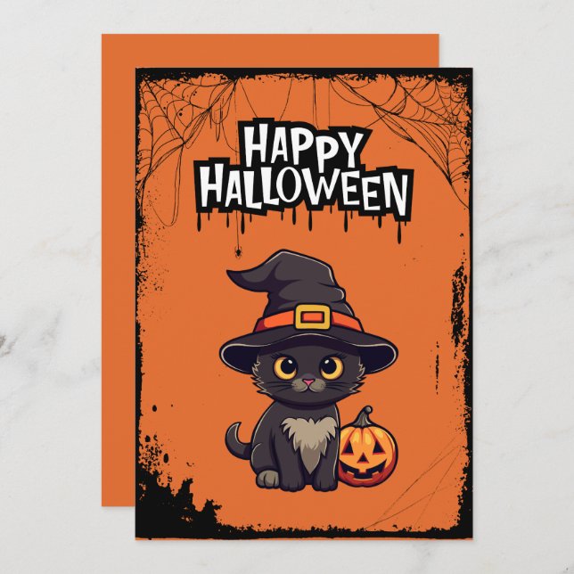 Black Cat With Pumpkin Jack O' Lantern Holiday Card (Front/Back)