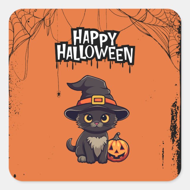 Black Cat With Pumpkin Jack O' Lantern Square Sticker (Front)