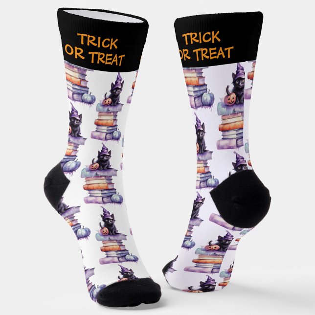 Black Cat With Pumpkin On A Stack of Books Socks (Creator Uploaded)