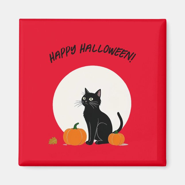 Black cat with pumpkins | Happy Halloween Magnet (Front)
