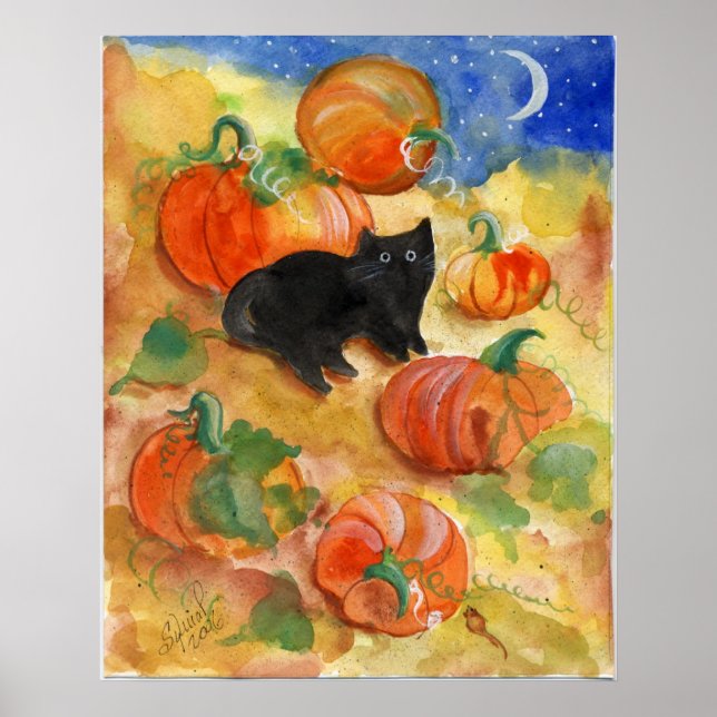 Black Cat With Pumpkins Poster (Front)