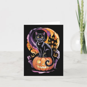 Black Cat With Pumpkins Under Full Moon On Hallowe Card