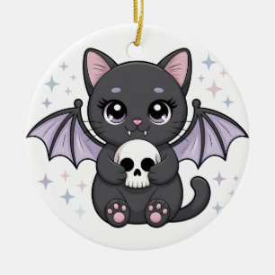 Black Cat with Purple Bat Wings Hugging a Skull Ceramic Tree Decoration